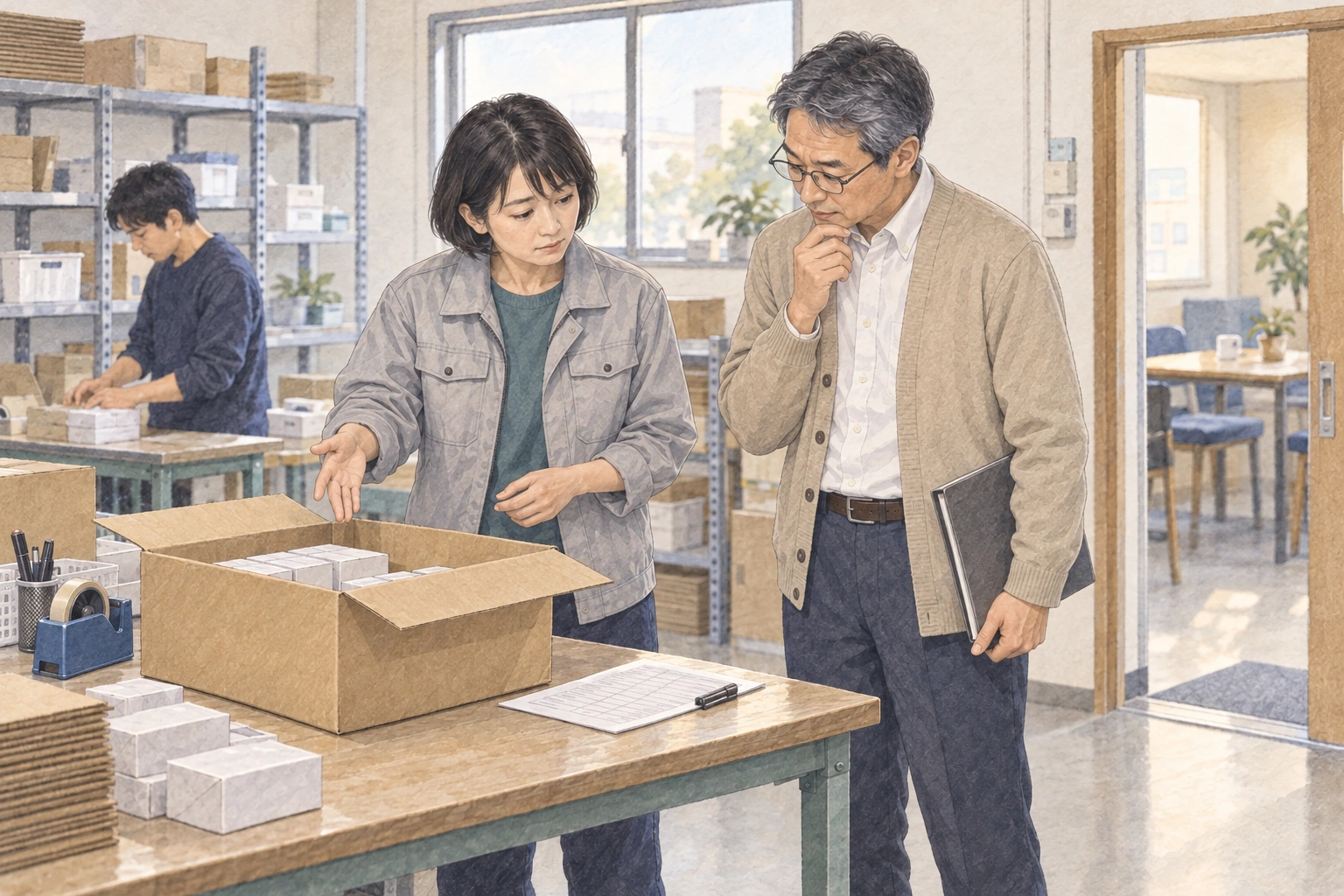 左の佐野と右の北川が、途中の箱と注文票を前に、作業をどこまで進めたか確かめている。