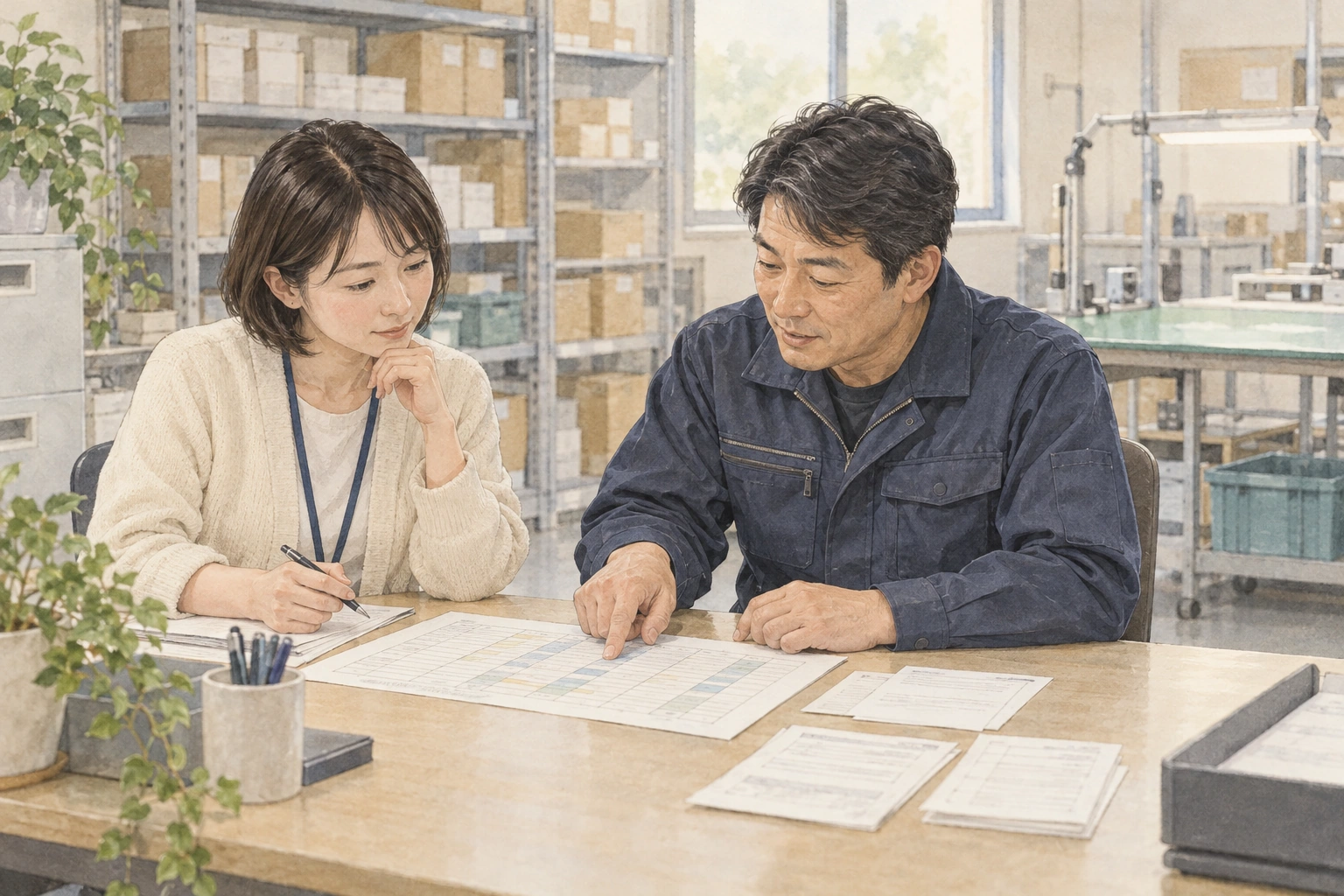 担当表を前に、平野の仕事の進み方を確認する総務の森田と岸課長。