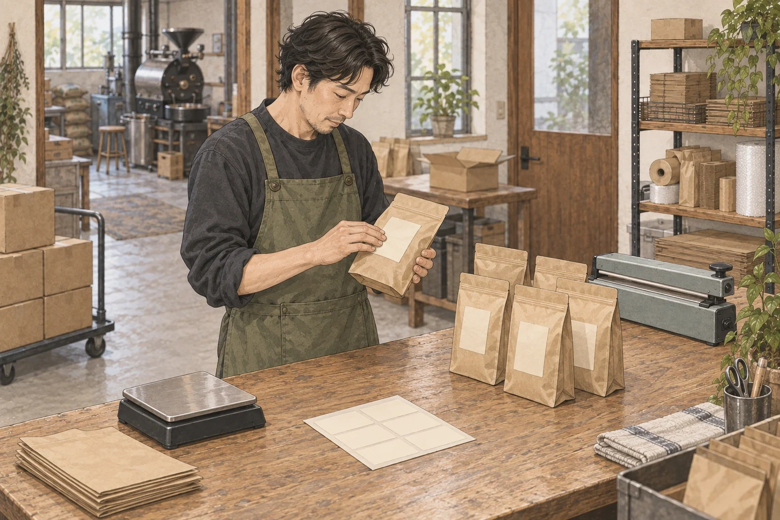 封をしたコーヒーの袋を左手で支え、右手で正面のラベルを確かめる店主。作業台には計量器と袋、奥には梱包台がある。