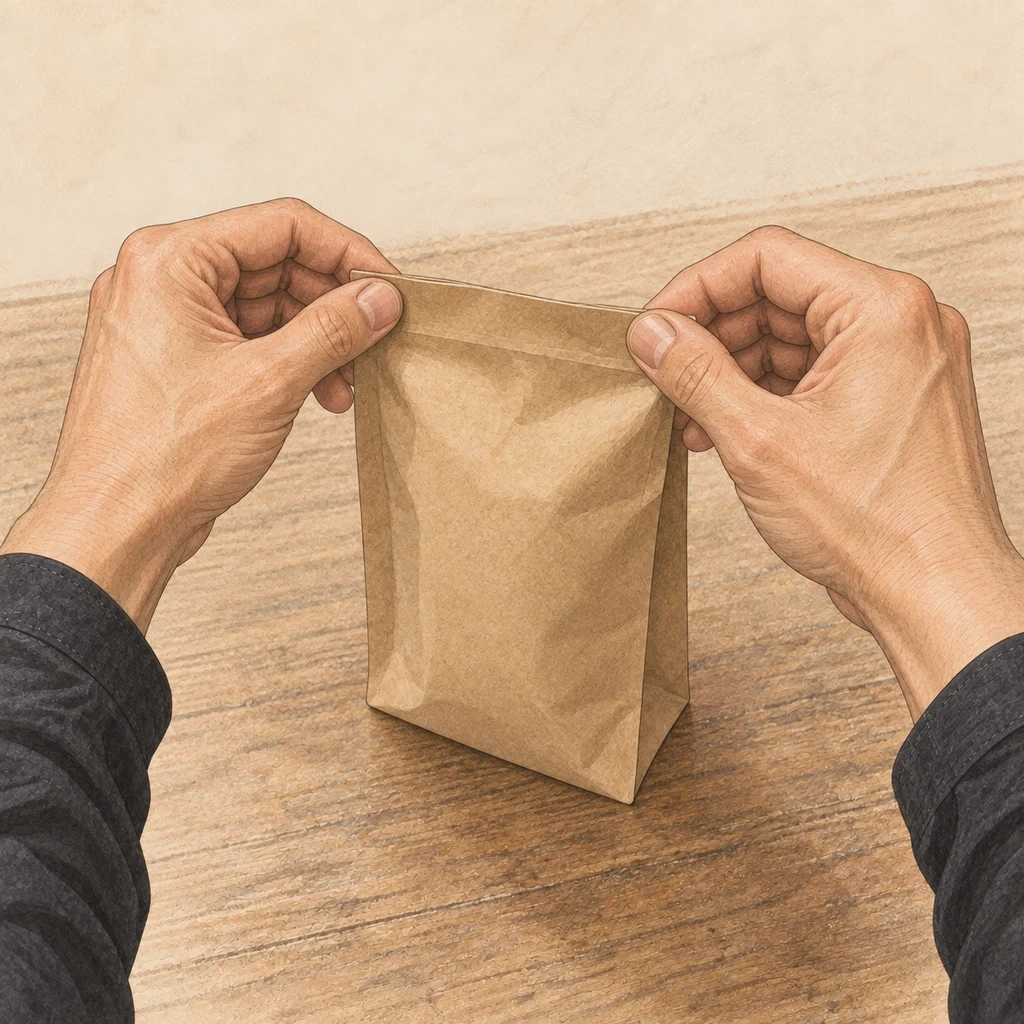 封止前に両手で袋の上端をつまみ、口をそろえる店主の手元。