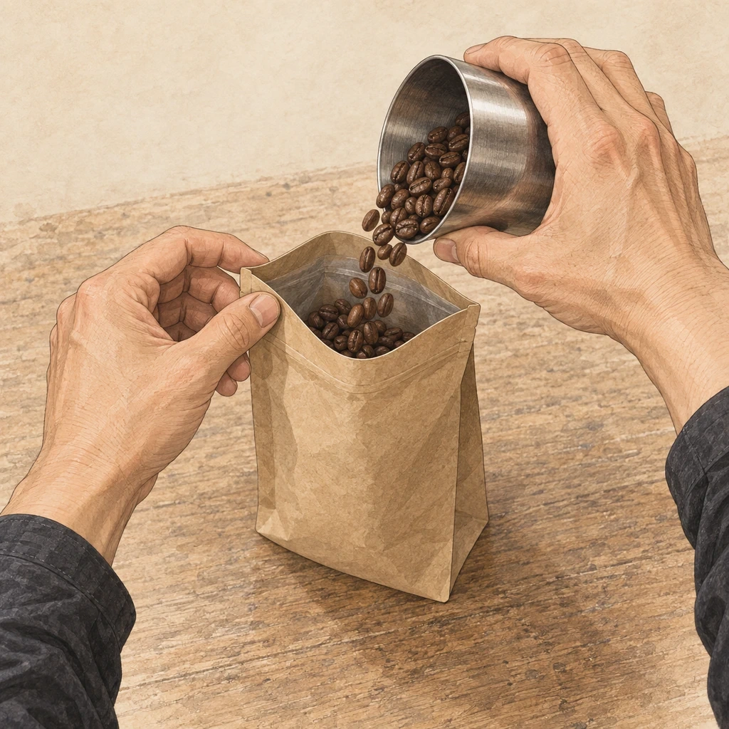 左手で袋の口を開き、右手の容器から量った豆を移す店主の手元。