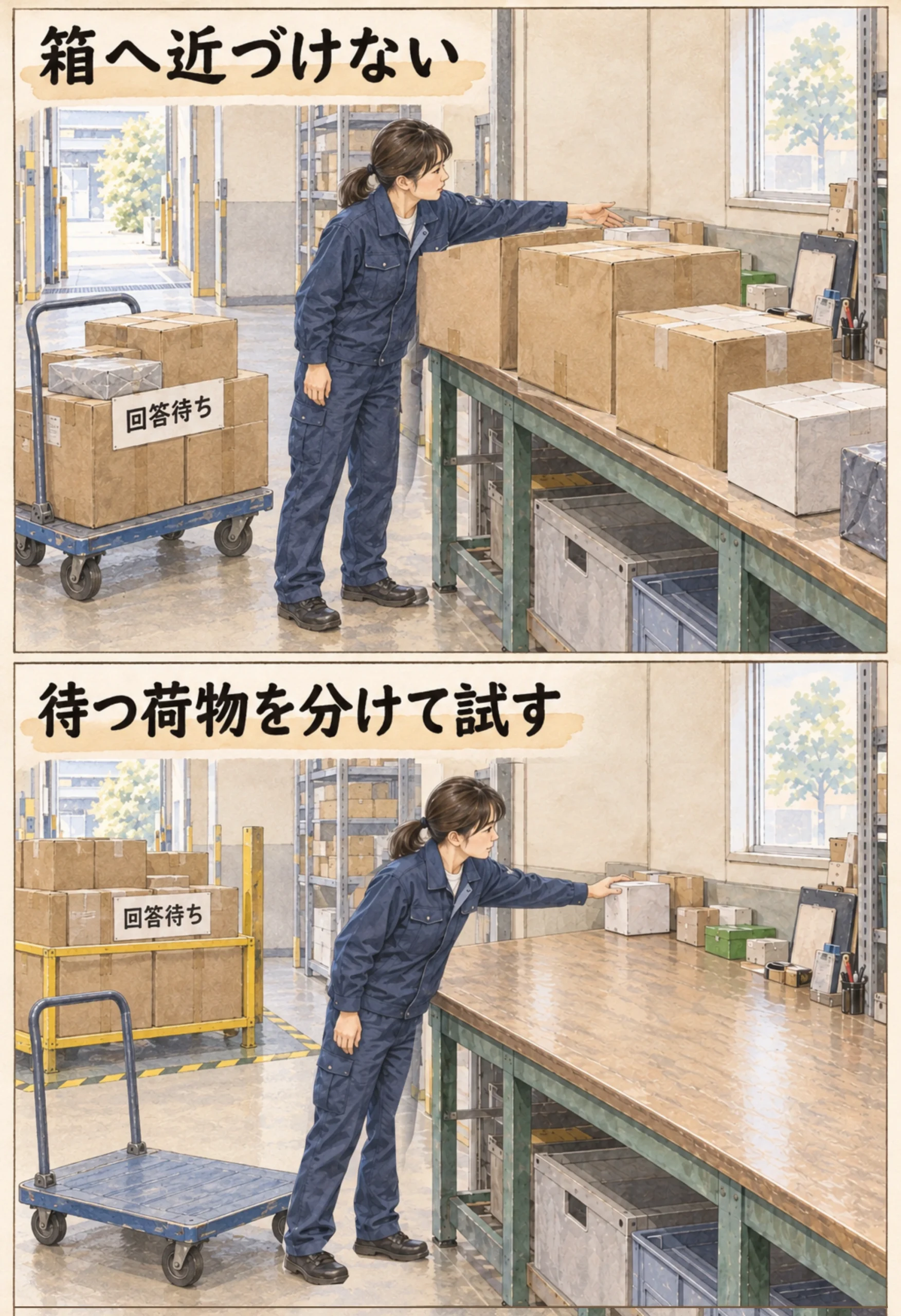 同じ荷受け台、壁、窓を使った比較図。整理前は手を伸ばしても机上の大箱が妨げとなり、奥の小箱に触れていない。整理後は大箱を片付け、ほぼ同じ立ち位置から小箱に手が届く。背後には回答待ちの別置き場と空いた台車がある。