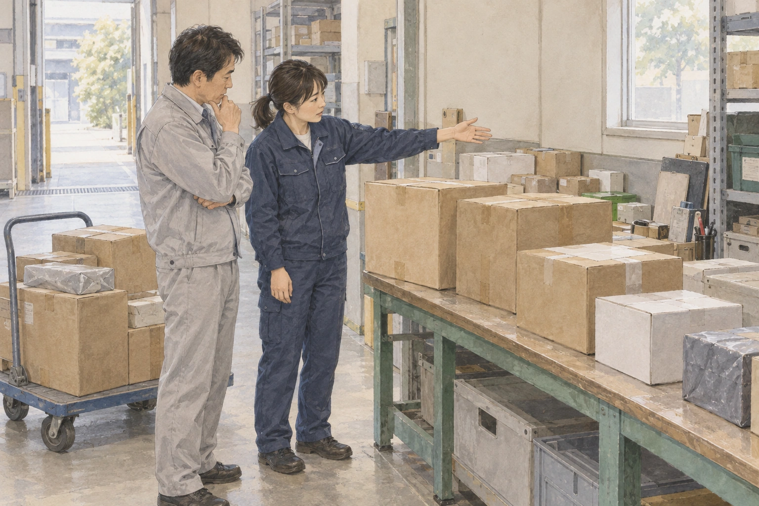荷受けの台と、確認待ちの荷物に使われている台車を見渡す担当者と係長。