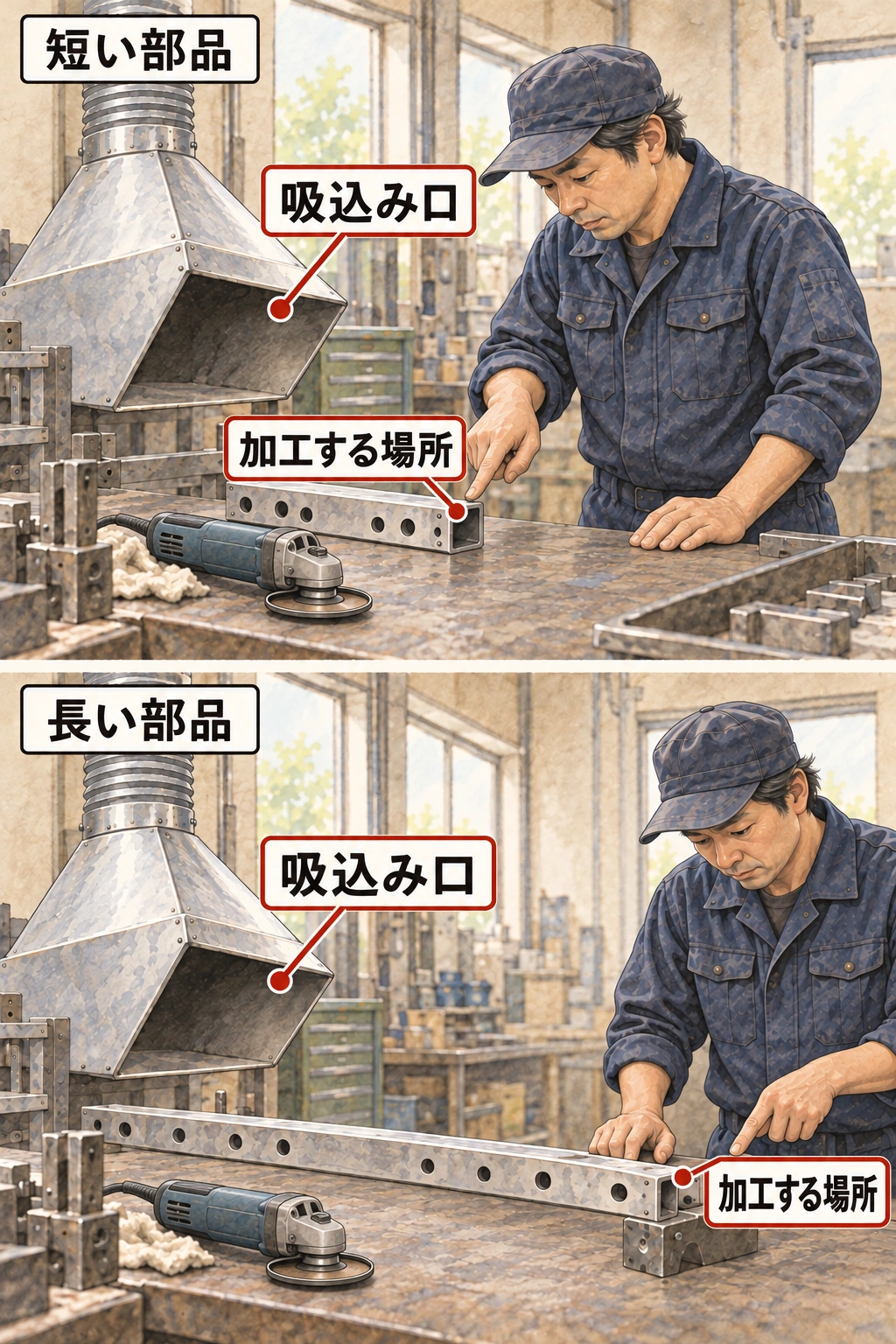 同じ台と吸込み口を使った上下の比較。工具は両方とも台へ置かれ、作業者が加工する端を指している。短い部品の端は吸込み口に近く、長い部品の端は右へ離れている。