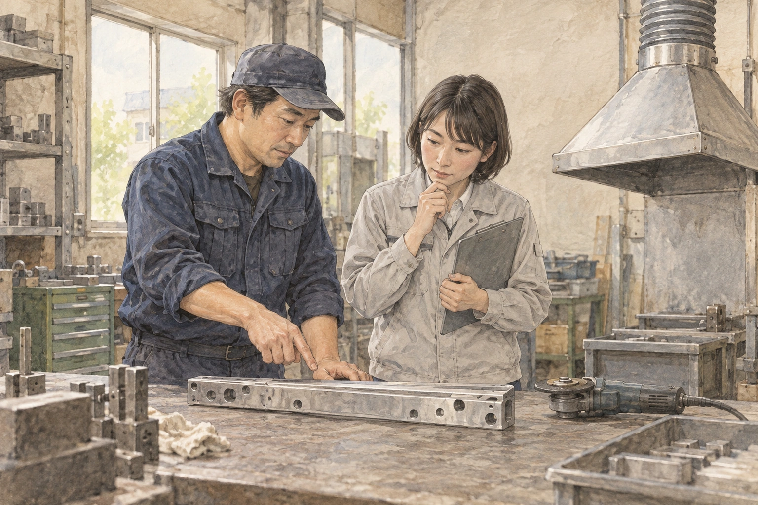 止めた工具と長い部品を前に、普段の研磨位置と排気設備との関係を確認する二人。
