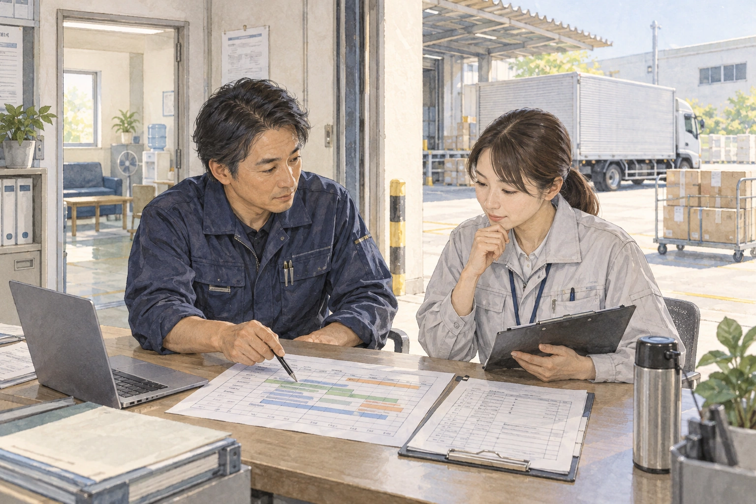 出荷口の積込み予定と仕事の記録を並べて相談する担当者。