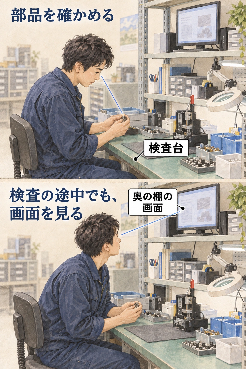 同じ検査台で、部品を見る姿と奥の棚の画面を見る姿を並べた図。部品を扱う手元を残したまま、作業者が身体と顔の向きを変えて画面を見ている。