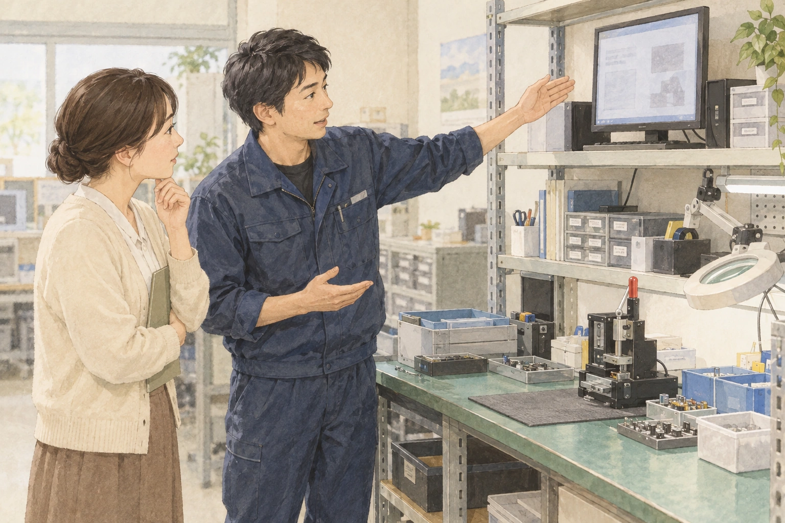 検査台と端末の位置を見ながら、総務の清水に普段の仕事を説明する検査担当の小田。