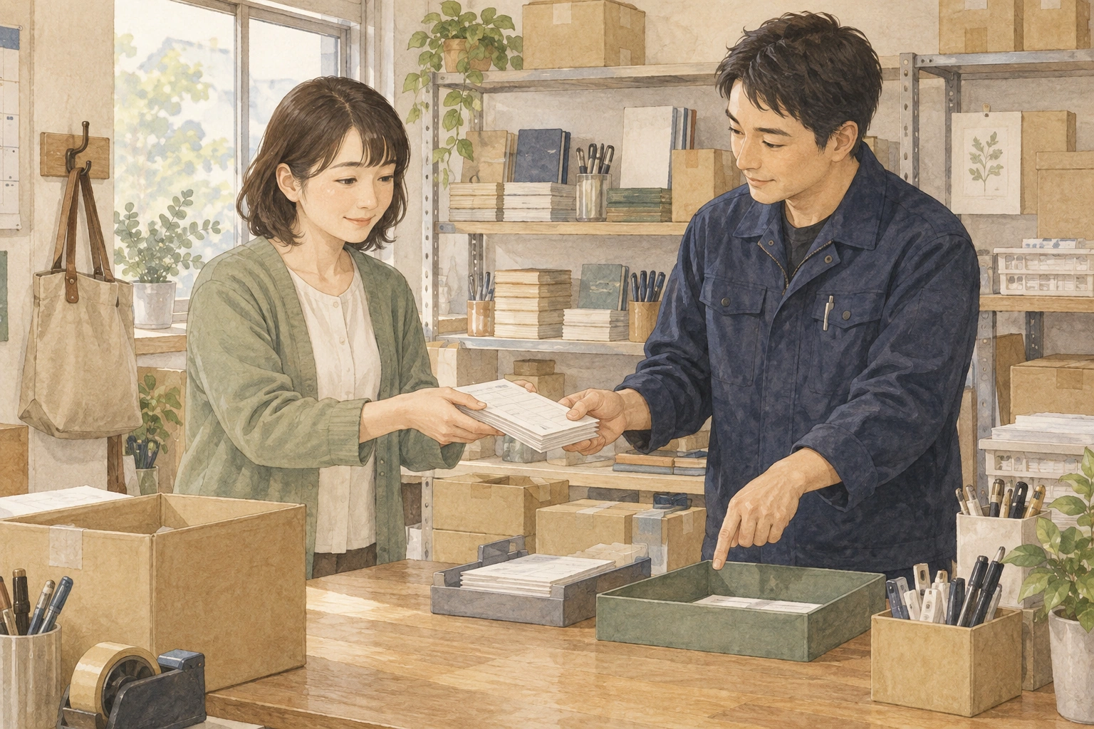 終えた注文確認の資料を責任者へ渡し、通院日の仕事を引き継ぐ従業員。