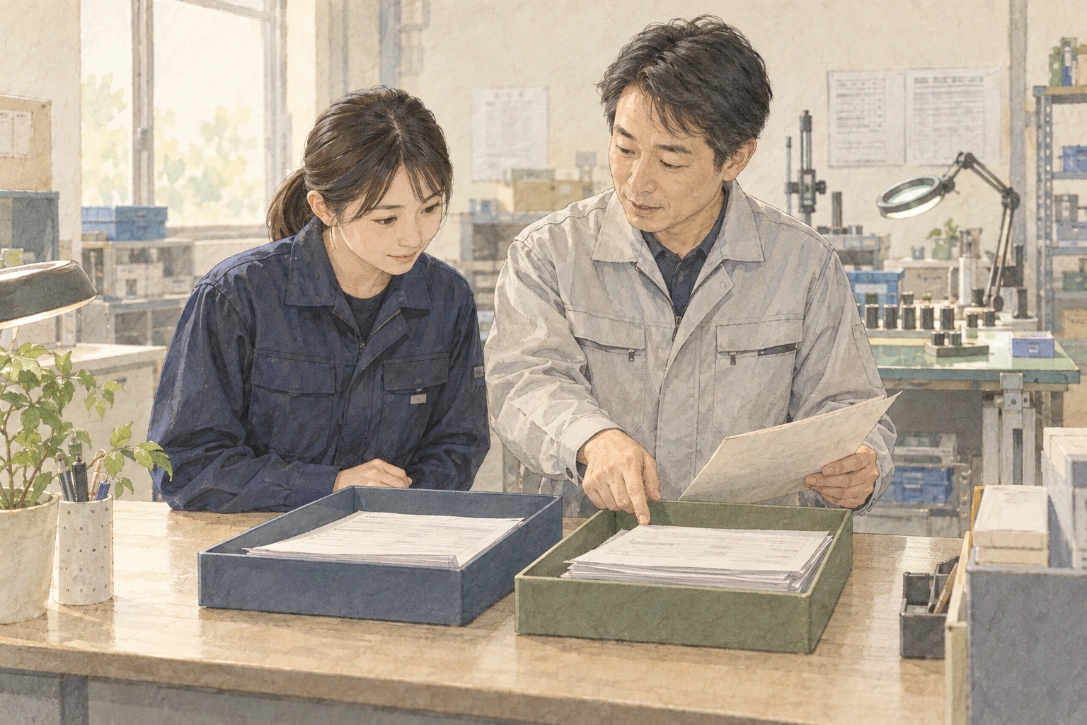 不在の日に進んだ品質記録の照合を、資料を分けながら確認する従業員と課長。