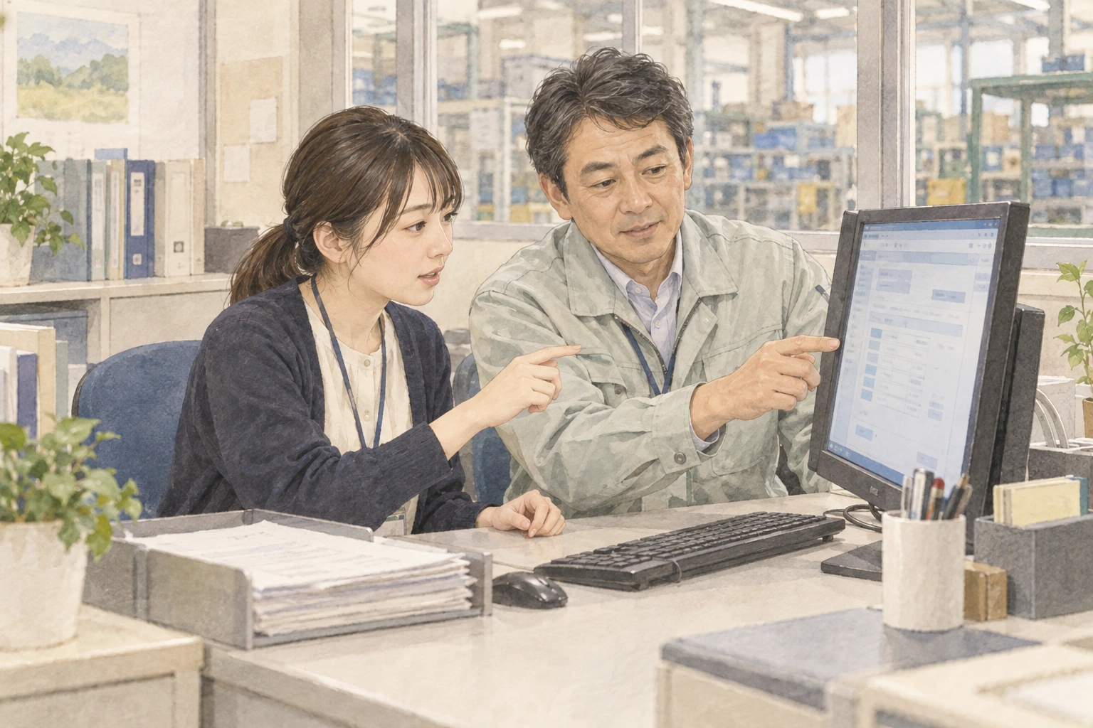 復職後に使う仕事の場所を見ながら、初日の仕事を確かめる本人と職場の担当者。