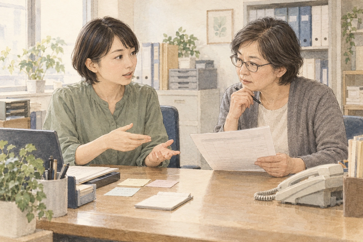 総務の机で、届いた相談と次の対応を確認する川瀬と田村課長。