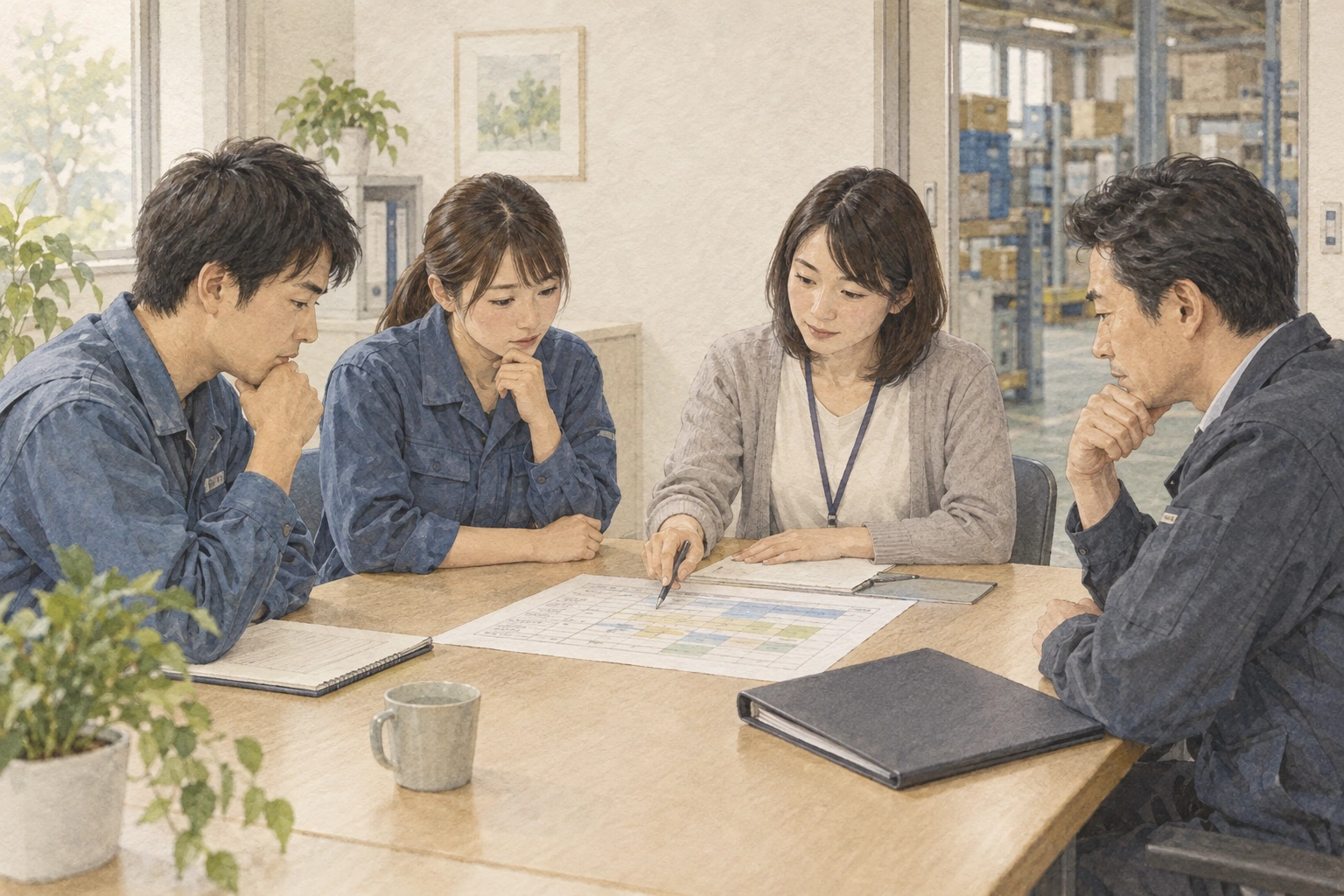 工場の会議室で、現場からの提案と仕事の資料を囲んで話し合う委員会の関係者。
