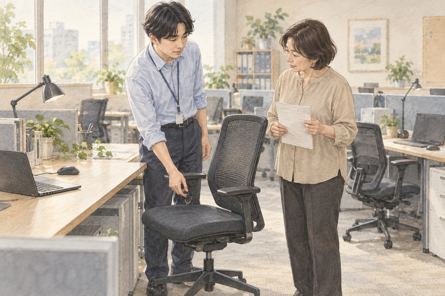 共用席の机と椅子を前に、今の使い方と以前の確認方法を話す二人。