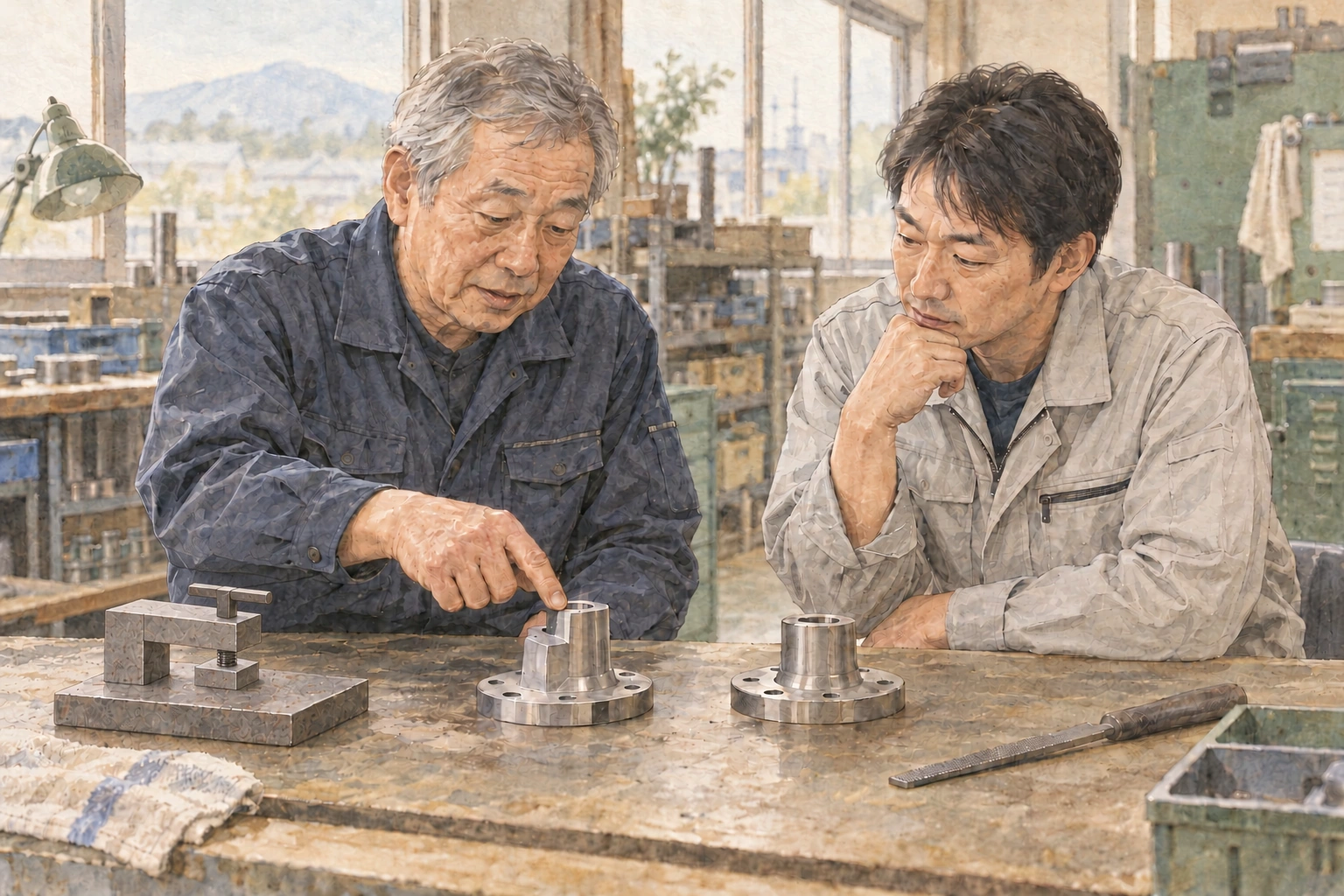 ねじで押さえ板を上下させる片持ち式の補助具と、張り出しのある新部品、以前の部品を並べて確認する二人。手やすりは台に置いてある。