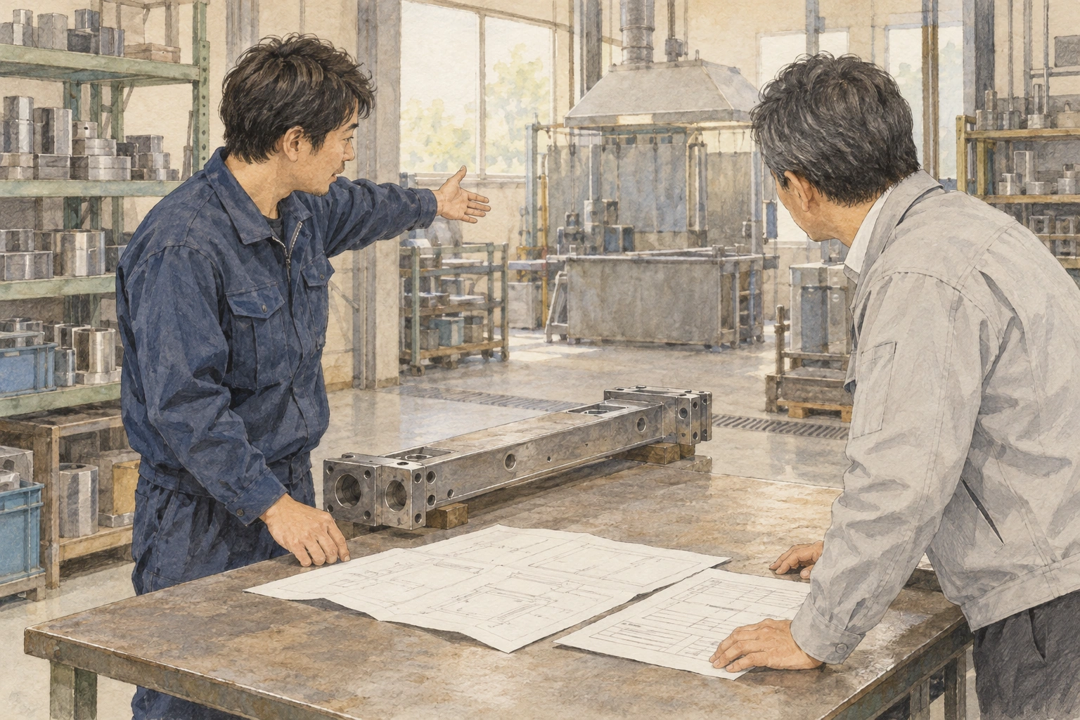 長い部品を扱う場所で、設備案の資料を確認する作業者と設備業者。
