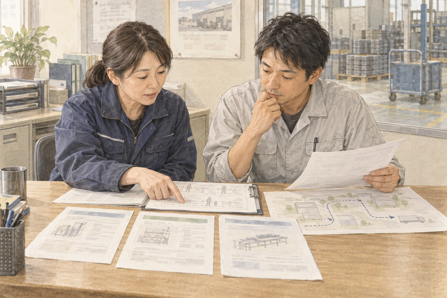 複数の改善要望の資料を並べ、衛生リスクと実施条件を比較する関係者。