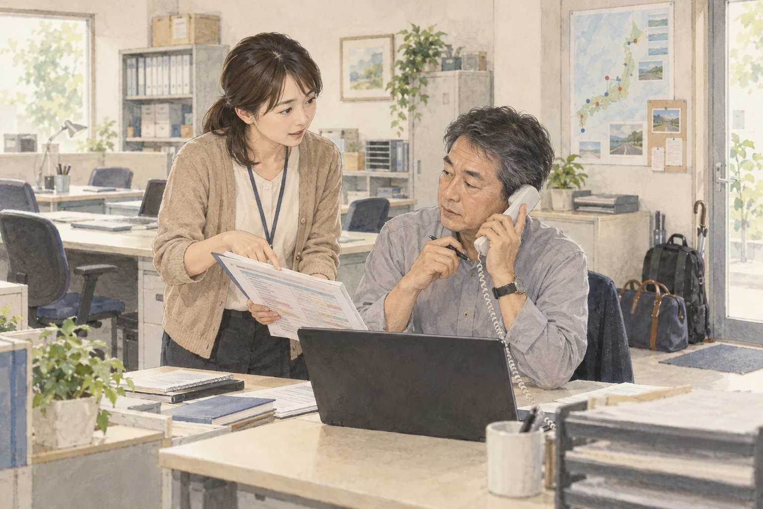小さな支店の机で、本社と連絡を取りながら健診後対応の進め方を確認する担当者。