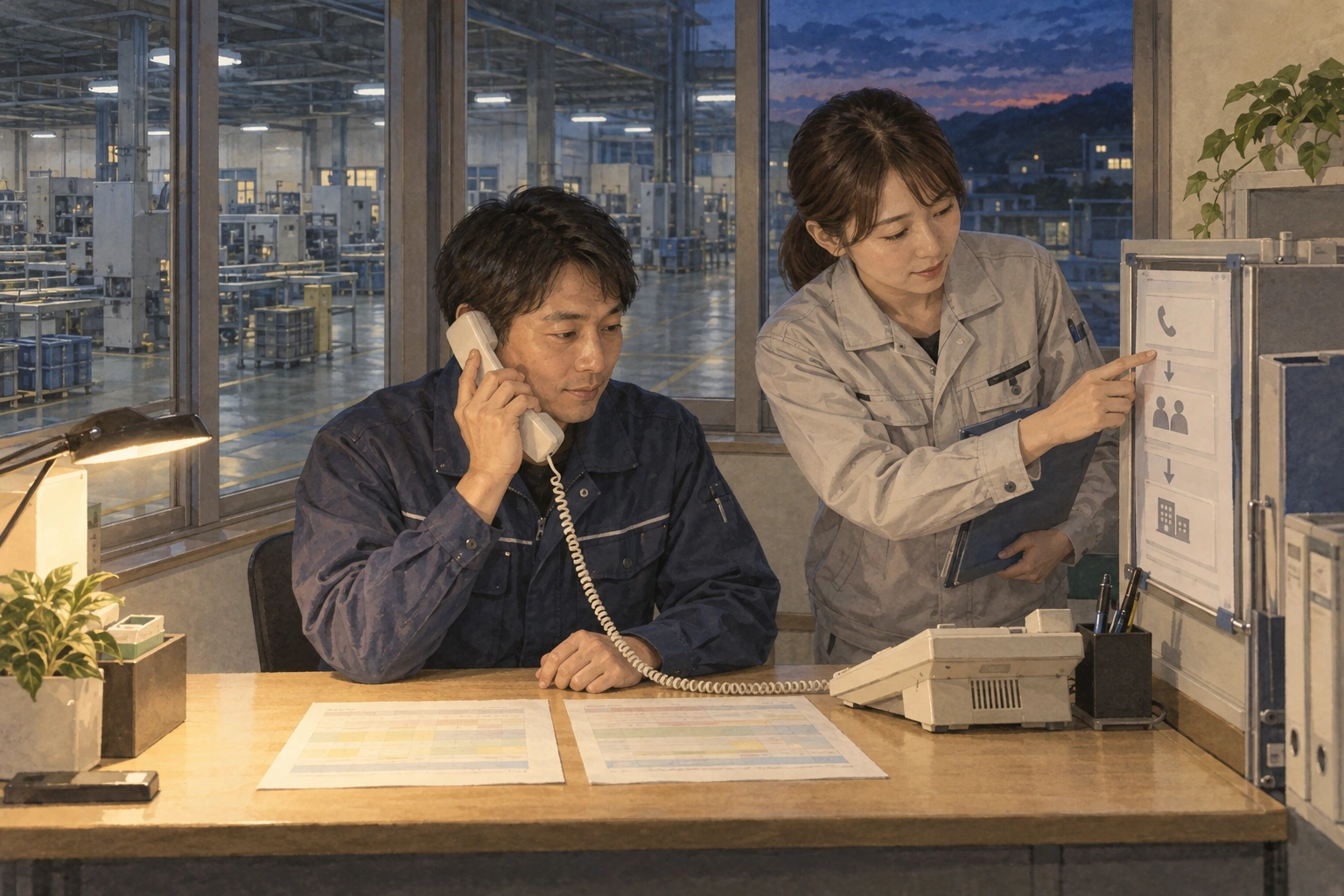 夕方の工場で、勤務の予定と夜間の連絡経路を確かめる担当者。