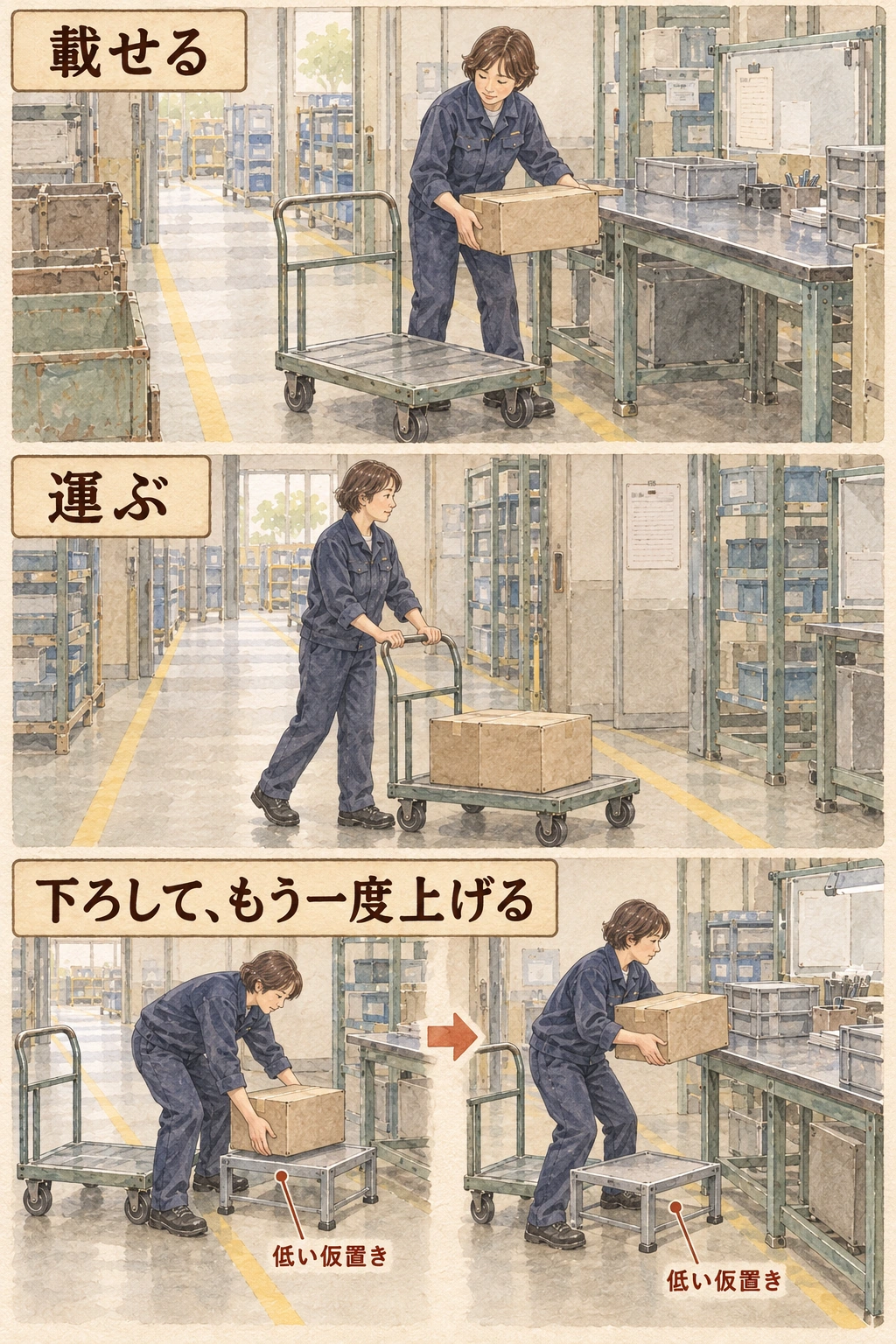同じ作業者が箱を台車へ載せ、押して運び、低い仮置き場所へ下ろして検査台へ上げ直す図。手で抱えて歩く動作はなくなっても、低い位置で身体を曲げて箱を扱う動作が残る。